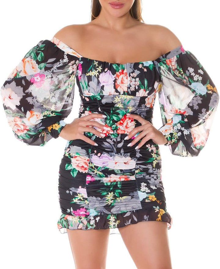 Flower Printed Romantic Off Shoulder Minikleid mit Ballon-Ärmel Einheitsgrösse Rot/Schwarz, Einheits