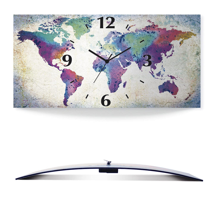 ARTLAND Wanduhr ohne Tickgeräusche Alu Funkuhr lautlos 60x30 cm Rechteckig Weltkarte Modern Abstrakt