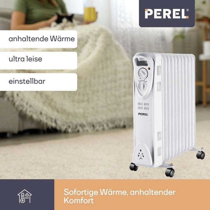 Perel 2500W Ölradiator mit 11 Rippen, 3 Heizstufen, einstellbarem Thermostat, Griff, Rädern, Überhit