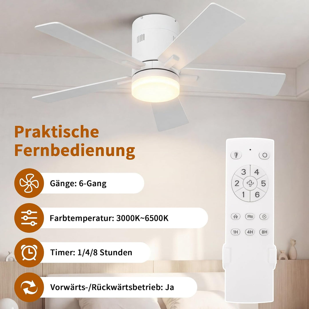 Deckenventilator mit Beleuchtung 106.6 cm, 5 Massivholzflügel (Weiss) | Ultraflaches Design 28 cm, 6