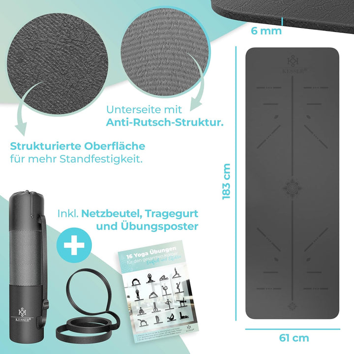 KESSER® Gymnastikmatte mit Tragegurt rutschfest TPE Yogamatte Gepolstert & rutschfest Fitnessmatte,