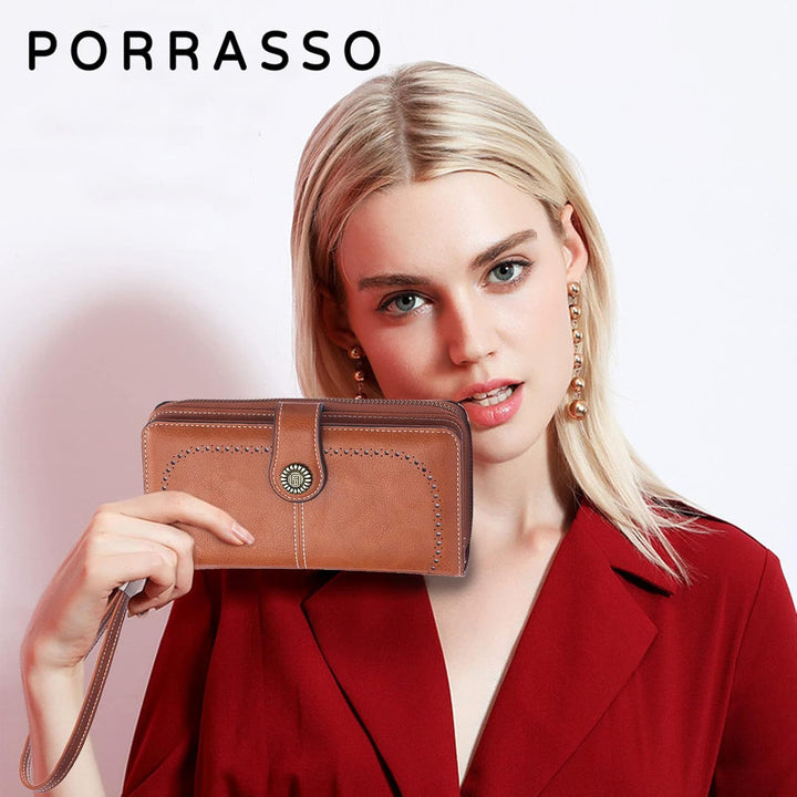 PORRASSO Geldbörse Damen Portemonnaie Leder Geldbeutel Kreditkartenetui mit Viele Fächer Münztasche