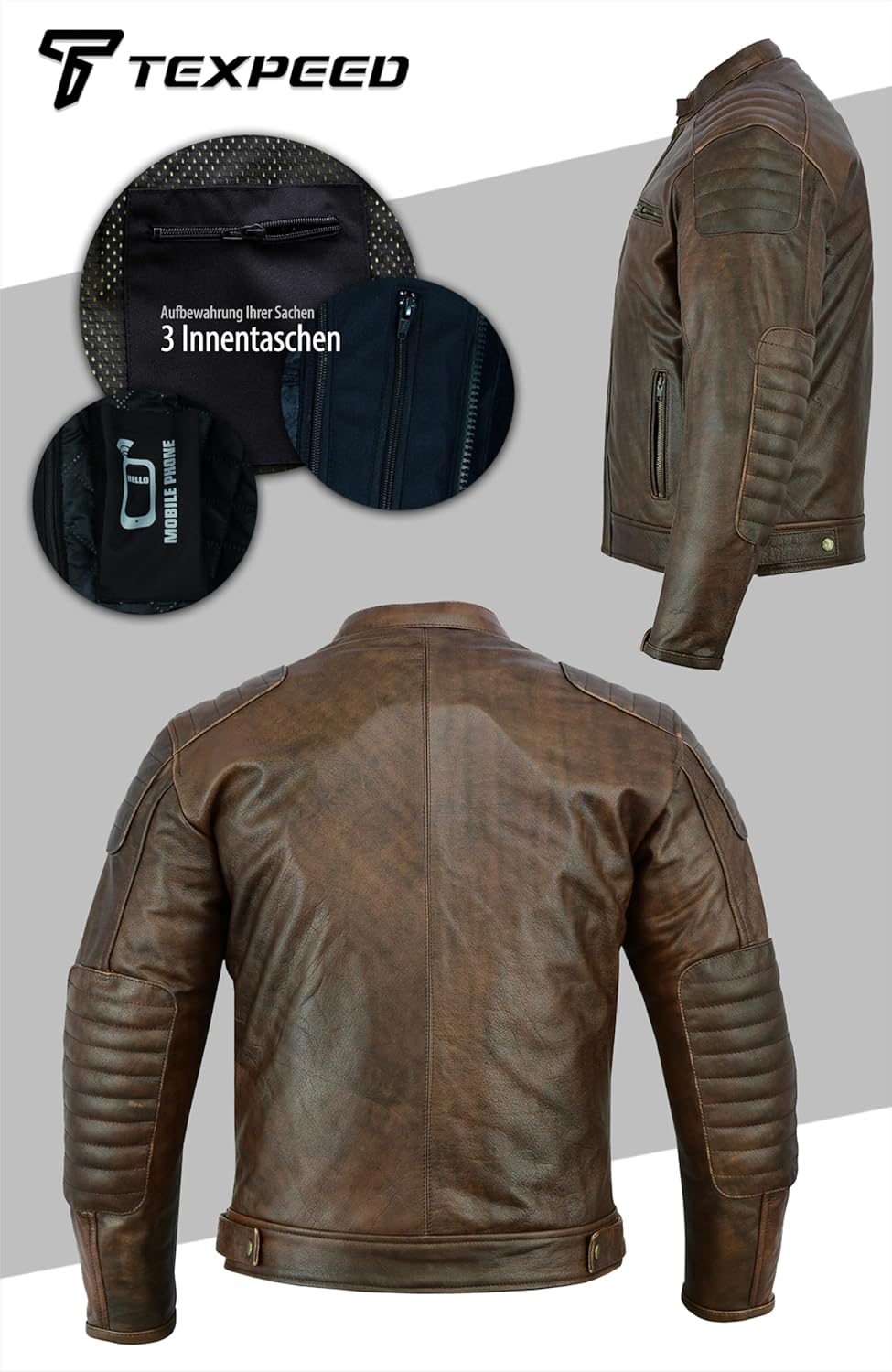 Texpeed Motorrad lederjacke herren mit protektoren - Braun Winter/Sommer Gesteppt echtleder Bikerjac