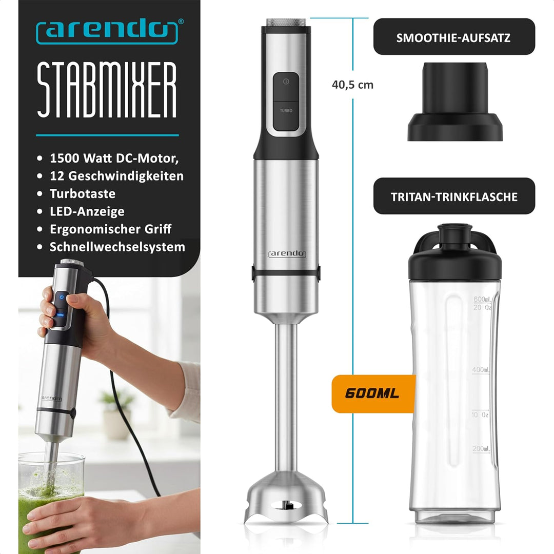 Arendo - Edelstahl Stabmixer 1500 Watt – mini Standmixer mit Trinkflasche Deckel und Messereinheit -