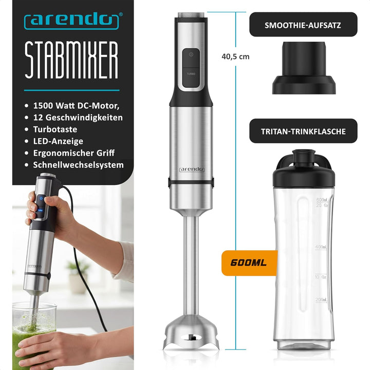 Arendo - Edelstahl Stabmixer 1500 Watt – mini Standmixer mit Trinkflasche Deckel und Messereinheit -