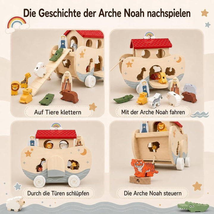Arche Noah Holz, Montessori Spielzeug und Taufgeschenk ab 1 Jahr | Liebevolles Taufgeschenk: Arche N