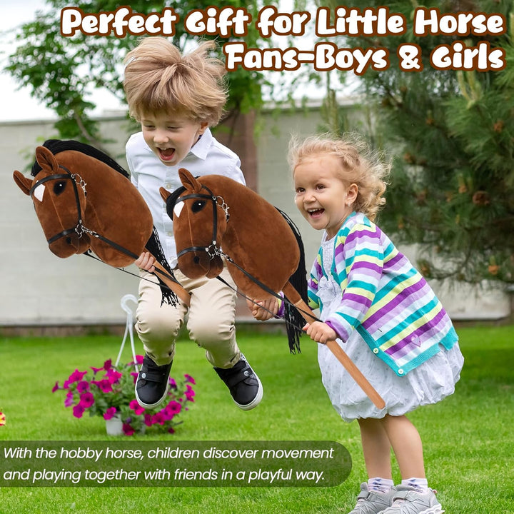 Hobby Horse für Kinder, Steckenpferd Spielzeug Pferd mit Halfter und Zügeln, Holzpferd Plüschpferd S