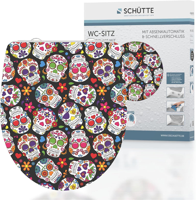 SCHÜTTE WC-Sitz Duroplast HG CRAZY SKULL, Hochglänzender Toilettensitz mit Absenkautomatik, Schnellv