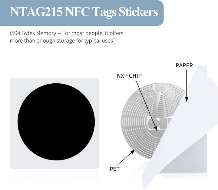 100 Stück NFC Tag Aufkleber, NTAG215 NFC Sticker Schwarz 25mm, 504Byte NFC Tag Wiederbeschreibbar ko
