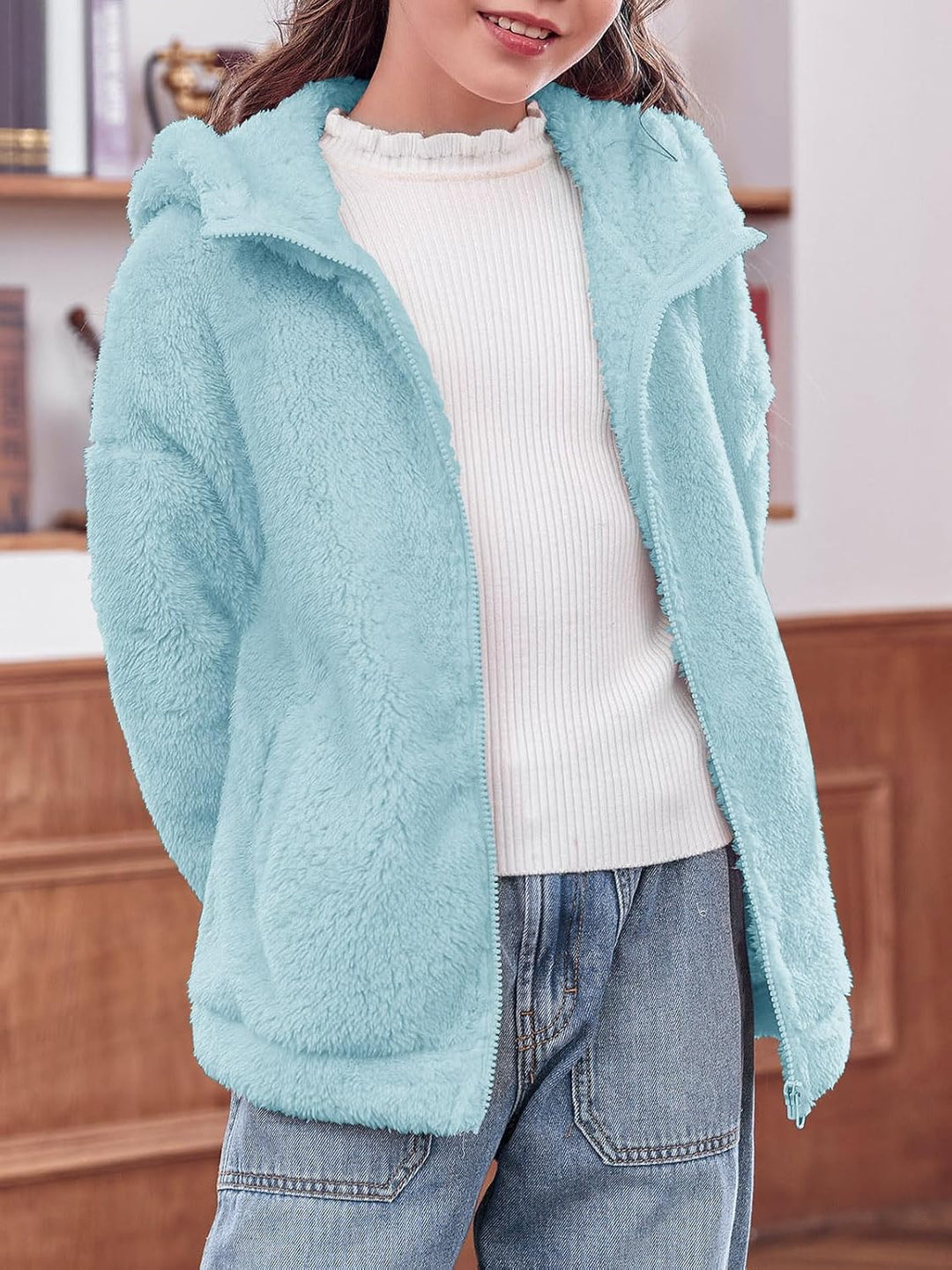 Haloumoning Mädchen Fleece Jacken Kinder Weich Fuzzy Kapuzenpullover Winter Coat Jacke 7-8 Jahre Him