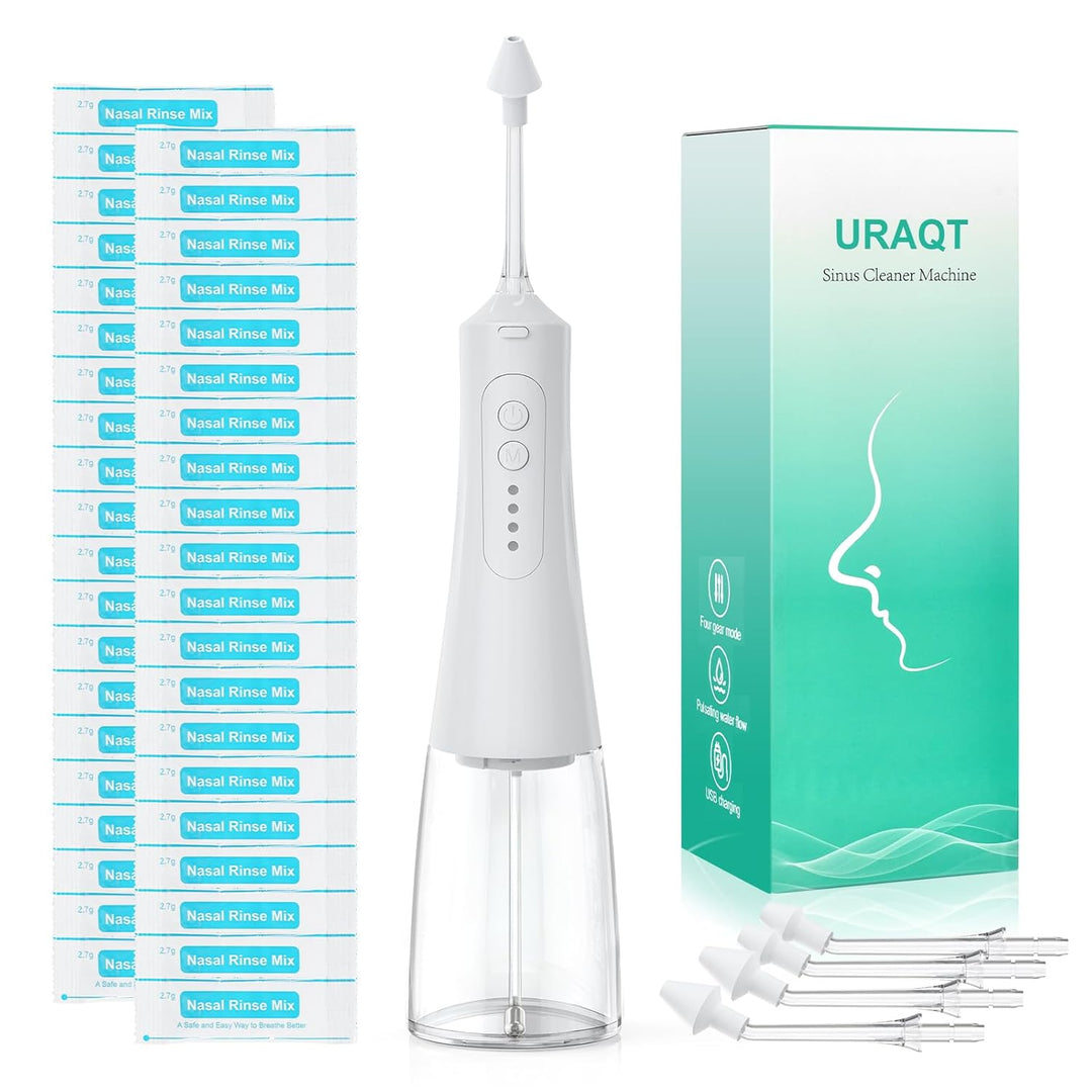 URAQT Elektrisch Nasendusche, Elektrischer Neti Pot für Erwachsene und Kinder, mit 4 Ersatzköpfe und