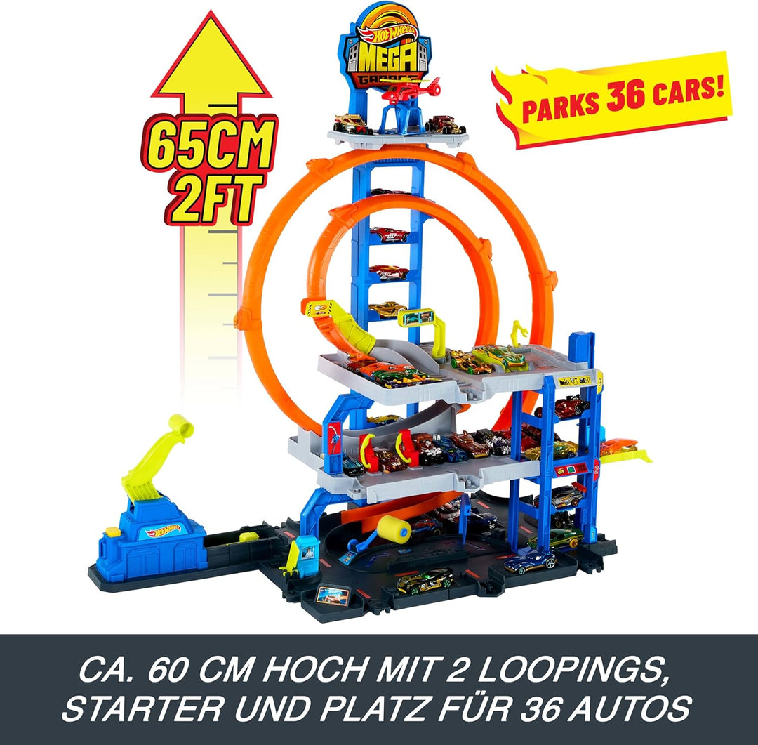 Hot Wheels Spielzeugauto Trackset, mit Die-Cast-Auto und Hubschrauber, 3 Spielebenen, 2 Loopings, Pl