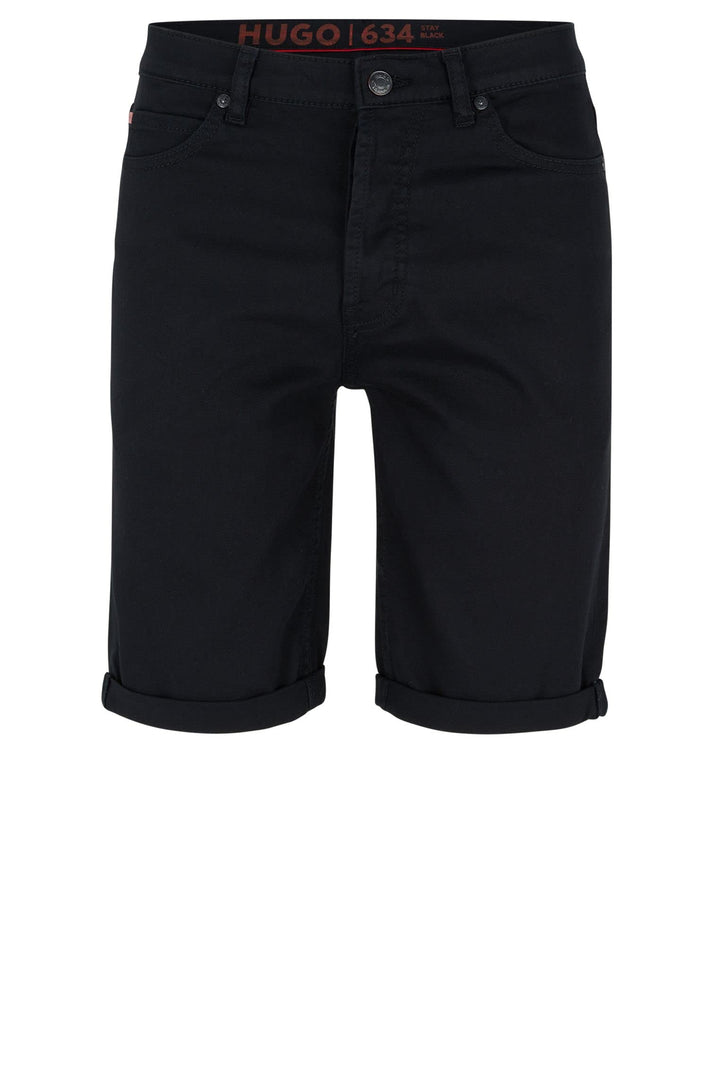 HUGO Herren 634/S Schwarze Tapered-Fit Shorts aus bequemem Stretch-Denim mit Stay-Black-Finish, 28