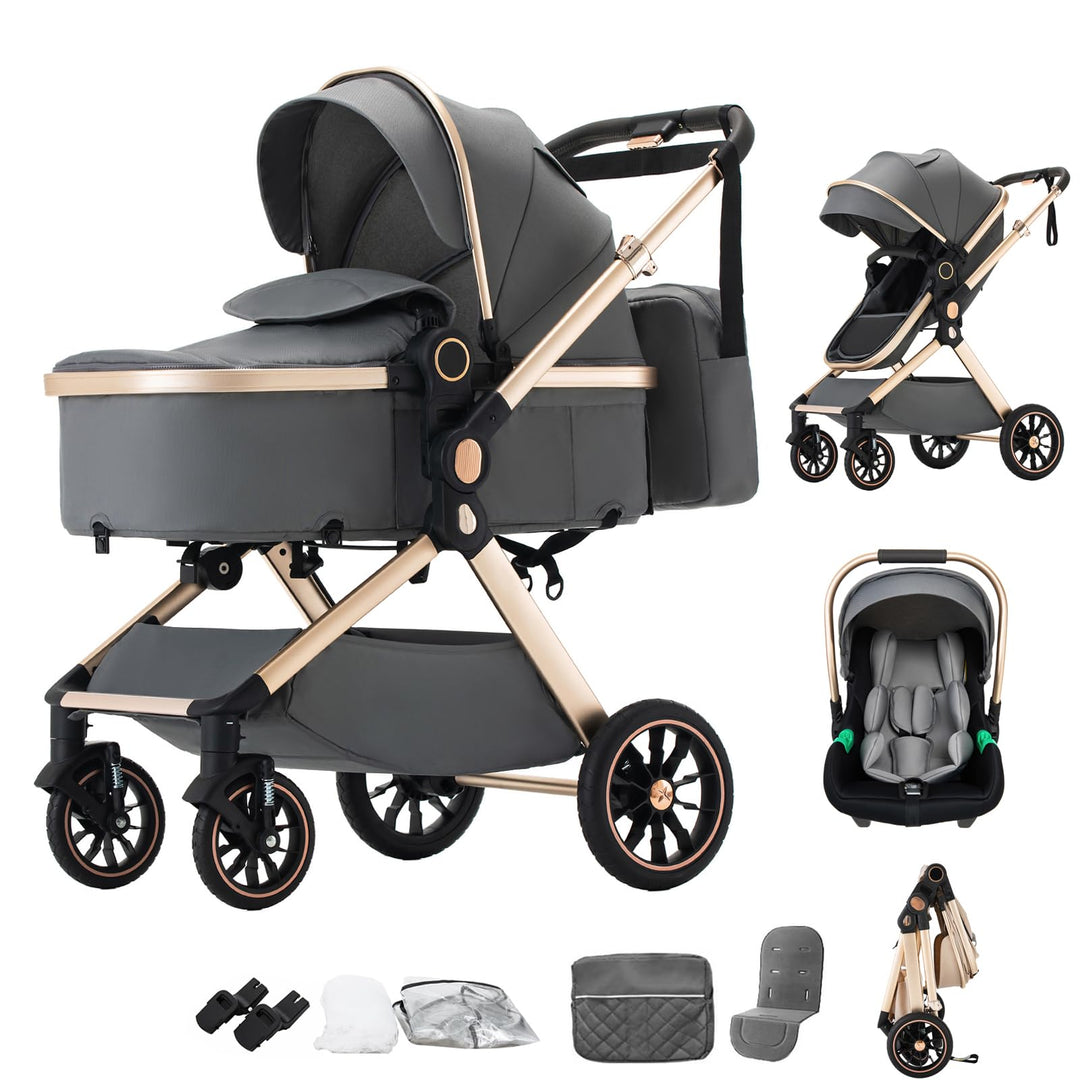 Kinderwagen 3 in 1 Komplettset Baby Kombikinderwagen bis 22kg, Zusammenklappbar, Grosse Gummireifen,