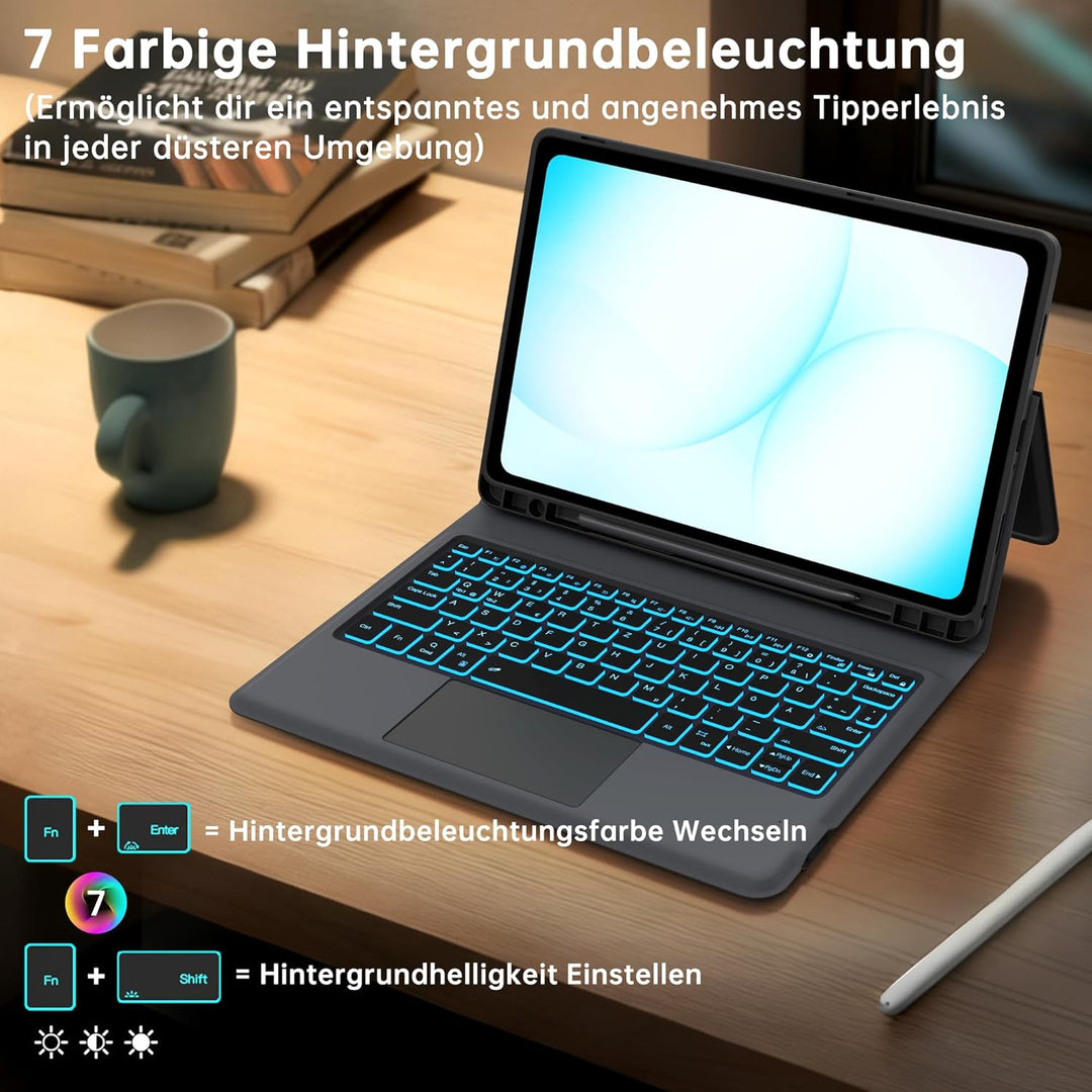 Für Samsung Galaxy Tab A11+/A9+ 11 Zoll Hülle mit Tastatur - Folio 7 Farbige Beleuchtete Tablet Cove