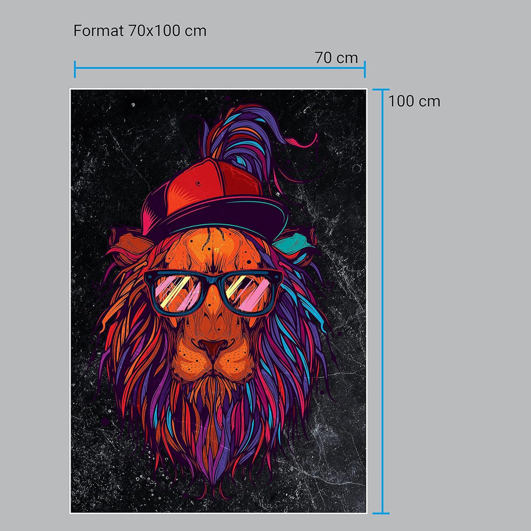 wandmotiv24 Poster als Wanddeko, Grösse 100x70cm, Funky Löwe, Marmor, bunt, Cap, Mütze, Brille, Nerd