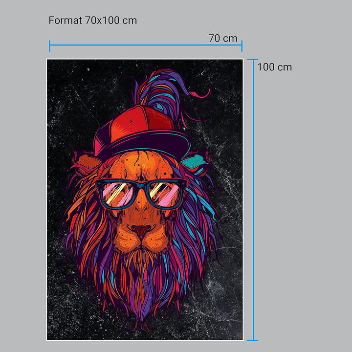 wandmotiv24 Poster als Wanddeko, Grösse 100x70cm, Funky Löwe, Marmor, bunt, Cap, Mütze, Brille, Nerd