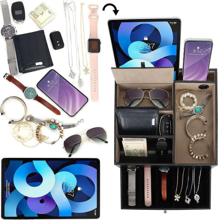 BELLE VOUS Schwarzes Tablett aus Kunstleder mit 5 Fächern - Taschenleerer Leder für Brieftasche, Tel