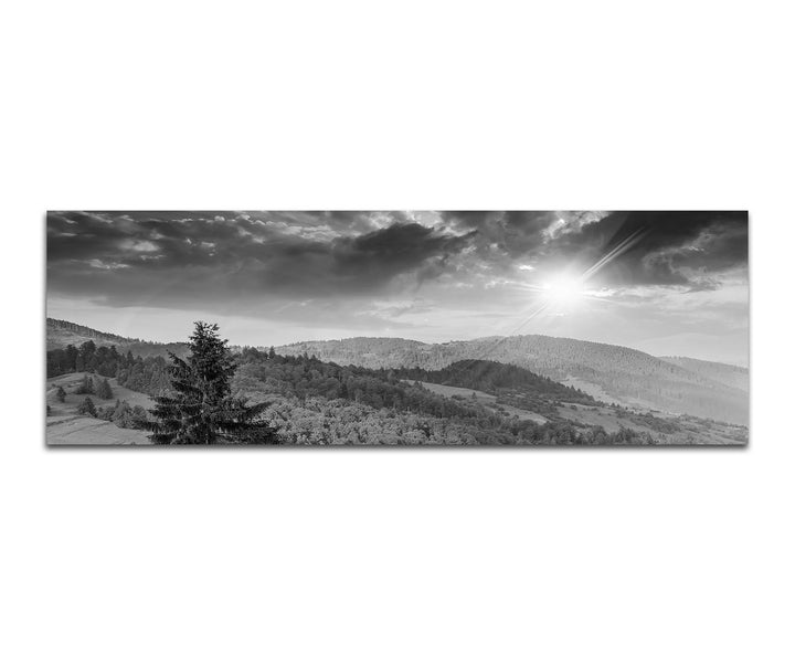 Paul Sinus Art Leinwandfoto als Panorama SCHWARZ/Weiss 150x50cm Berge Wald Wiesen Wolken Sonnenaufga