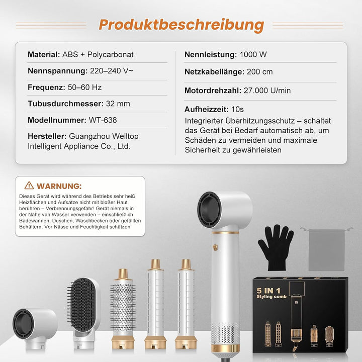 Hair Styler 5-in-1, Airstyler Haarstyler Set mit Rundbürstenföhn, Warmluftbürste, Airflow Lockenstab
