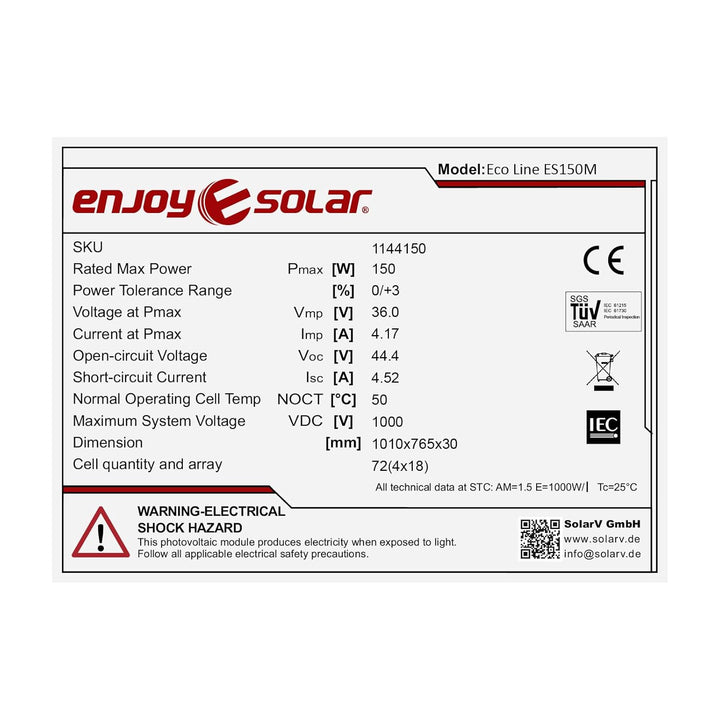 enjoy solar 36V Monokristallines Solarmodul, 182mm Solarzellen Solarpanel ideal für Wohnmobil, Balko