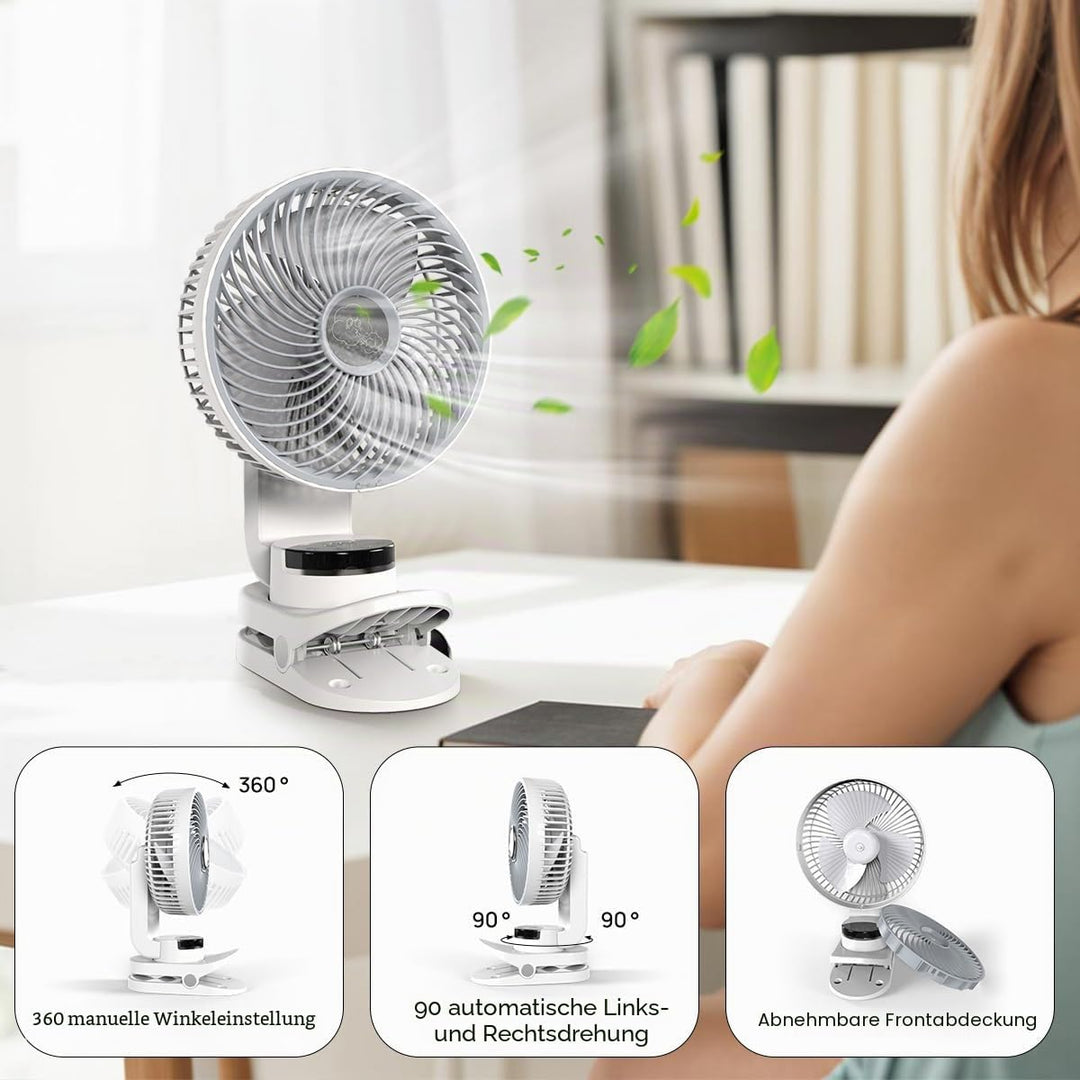 20000mAh Mini USB Clip Ventilator mit akku,3 in 1 Clip Fan Tischventilator mit Led Anzeige, 360°Dreh