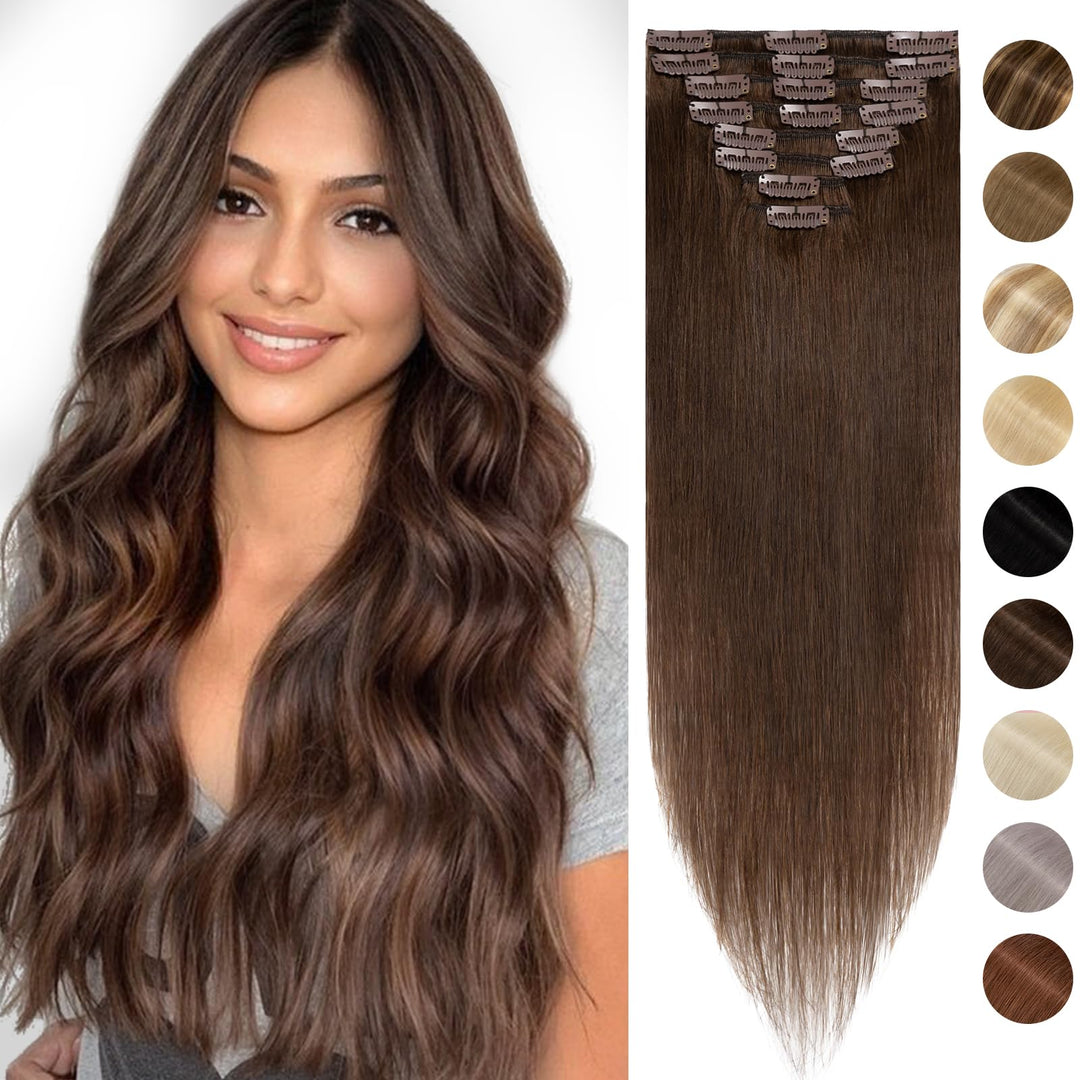 Silk-co Echthaar Clip In Extensions 8 Tressen 18 Clips 75g, Braun Hair Extensions, Remy Echthaar Cli