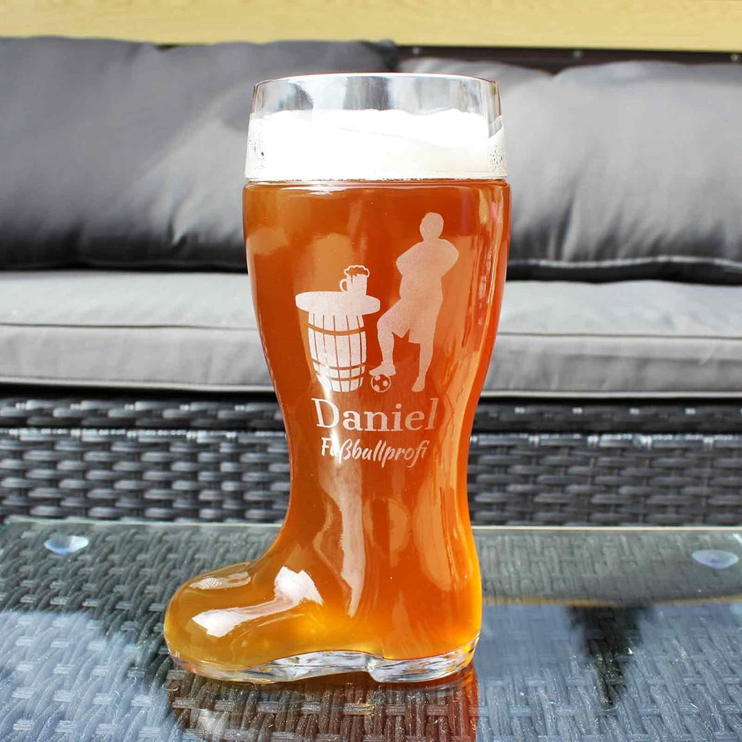 Bierstiefel mit Gravur, Bierglas mit 1,0 Liter Füllstrich, Personalisiertes Glas mit Name & Kneipen-