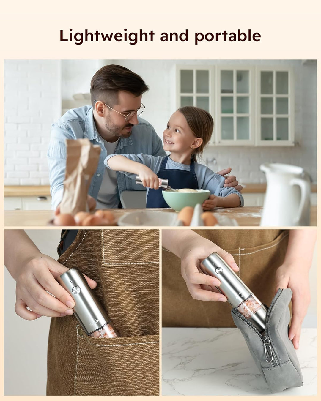 Sangcon Mini Elektrisches Salz- und Pfeffermühlen-Set mit Holzsockel, Tragbare USB Aufladbare Kinder