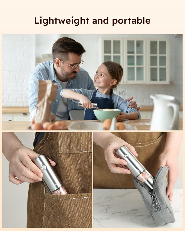 Sangcon Mini Elektrisches Salz- und Pfeffermühlen-Set mit Holzsockel, Tragbare USB Aufladbare Kinder