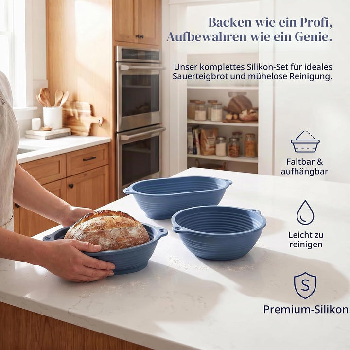 2 Stück Silikon Gärkörbchen für Brot, 29 cm Oval und 25 cm Rund, Eingebauter Verstärkter Stahlfelgen