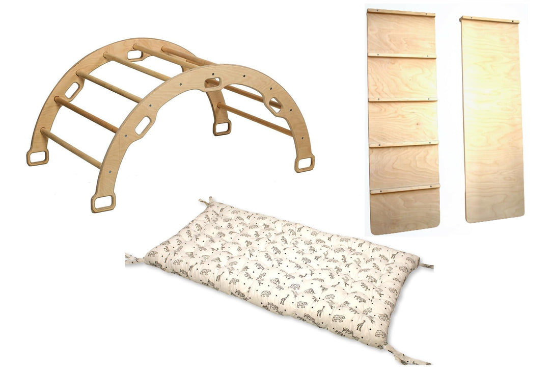 Montessori Kletterbogen | Bogen mit zweiseitiger Leiterrampe & Kissen | Kletterbogen aus Holz | Klet