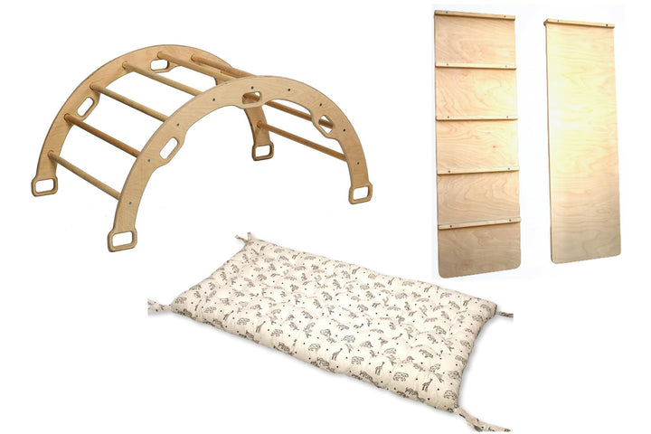 Montessori Kletterbogen | Bogen mit zweiseitiger Leiterrampe & Kissen | Kletterbogen aus Holz | Klet