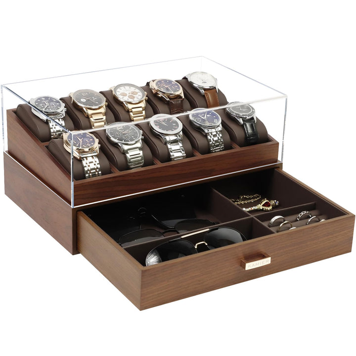 KAMIER Edle Uhrenbox Herren mit 10 Fächern, 2 Ebenen, Acryl-Deckel, Schublade & herausnehmbaren Kiss