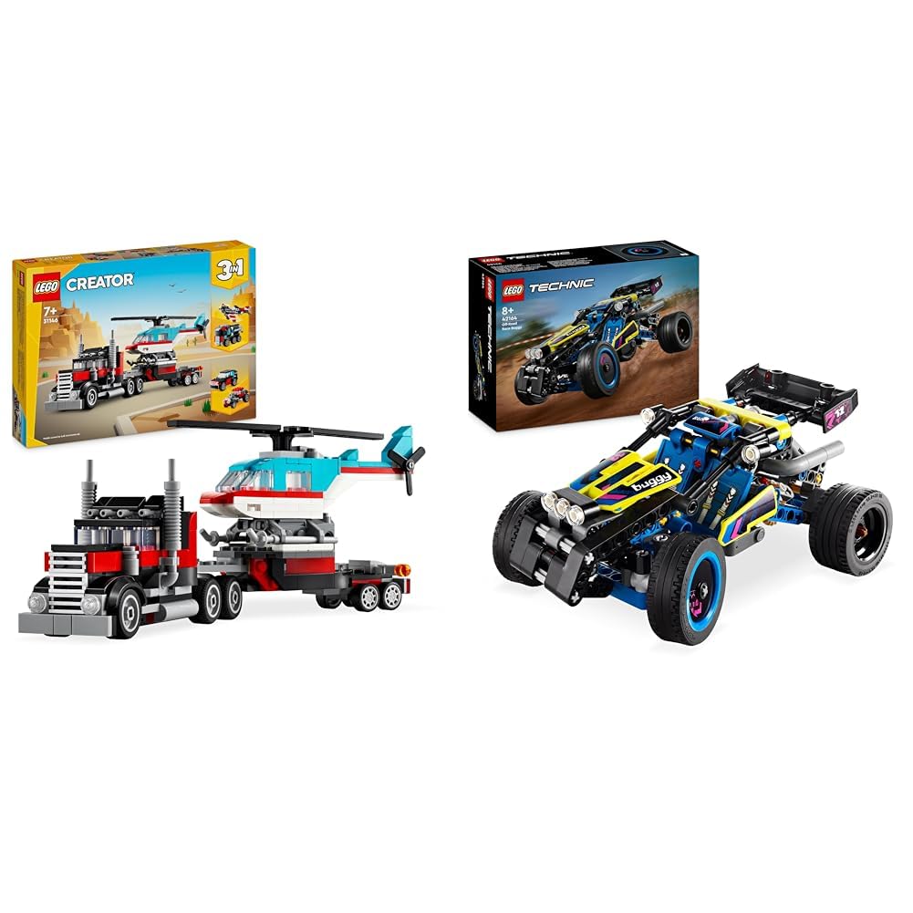 LEGO Creator 3in1 Tieflader mit Hubschrauber, Fahrzeuge-Set & Technic Offroad Rennbuggy, Auto-Spielz