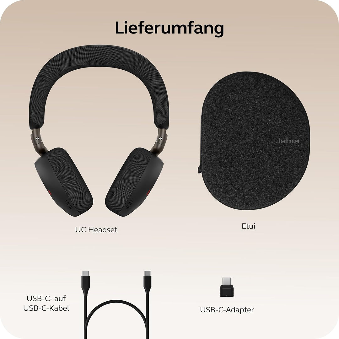Jabra Evolve3 75 On-Ear Bluetooth Headset kabellos mit Mikrofon, Schwarz Schwarz USB-C-Adapter – ohn