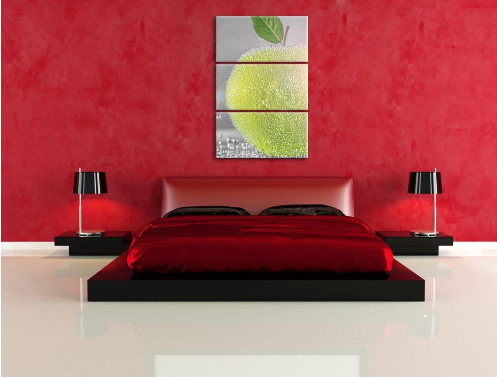 Pixxprint Grüner saftiger Apfel mit Wasserperlen 3-Teiler Leinwandbild 120x80 Bild auf Leinwand