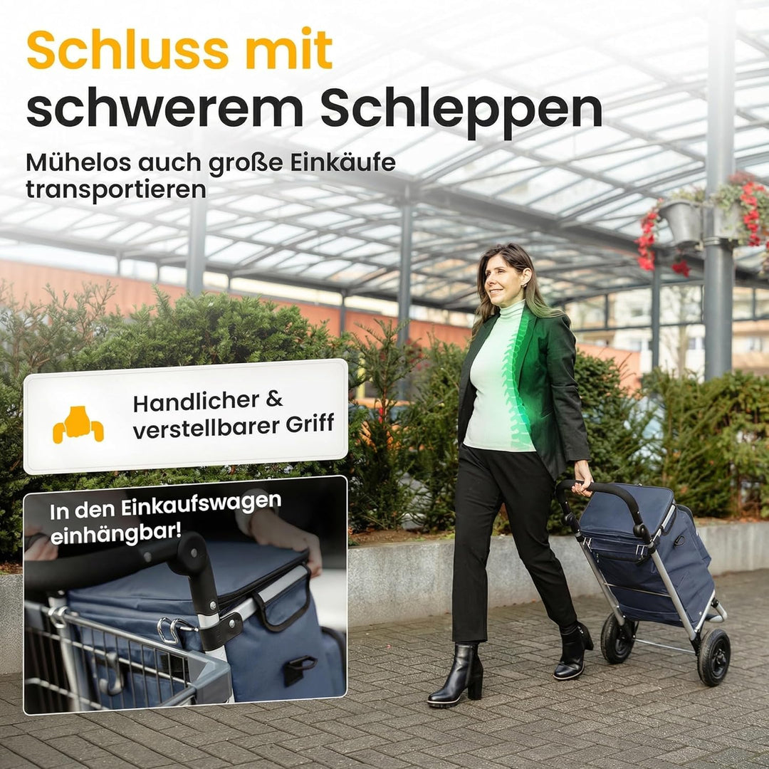 Einkaufstrolley mit grossen Rädern [45 kg Tragkraft] Leichter, klappbarer Hackenporsche mit Metallha