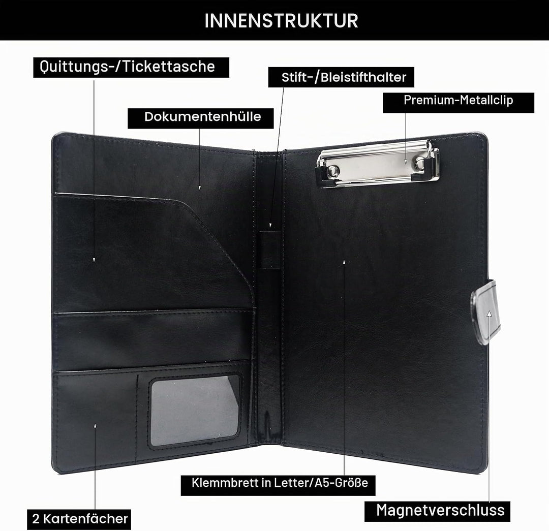 Schreibmappe A5 Klemmbrett Mappe mit Magnetischer Verschluss, organizer büro mappe, Schwarz Ordner,