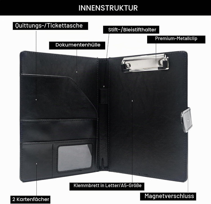 Schreibmappe A5 Klemmbrett Mappe mit Magnetischer Verschluss, organizer büro mappe, Schwarz Ordner,