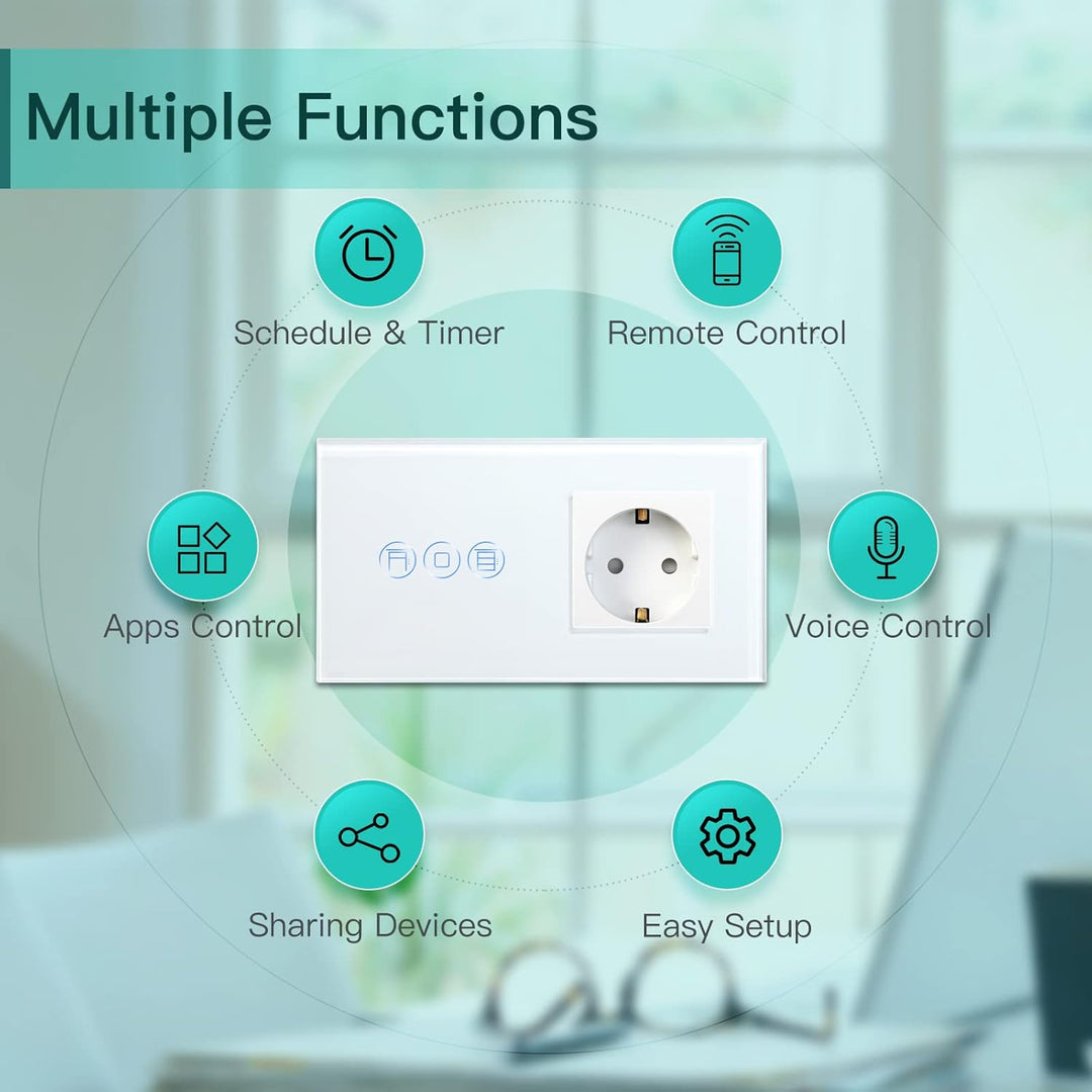 BSEED WiFi Smart Alexa Rollen Schalter mit Normal Steckdose, Kompatibel mit Google Home Tuya, Glas T