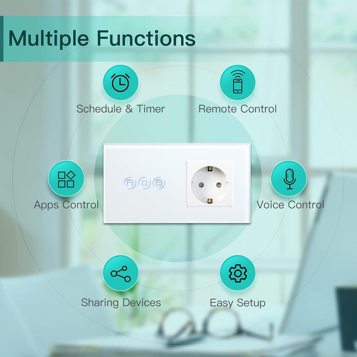 BSEED WiFi Smart Alexa Rollen Schalter mit Normal Steckdose, Kompatibel mit Google Home Tuya, Glas T