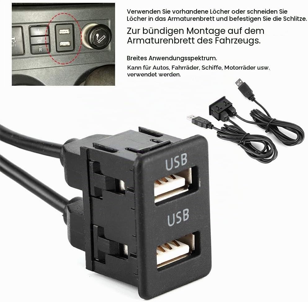 KIMISS Auto USB-Verlängerungskabel mit Dual-USB-Anschlüssen,1,5 M Dual-USB-Armaturenbrett-Kabeladapt