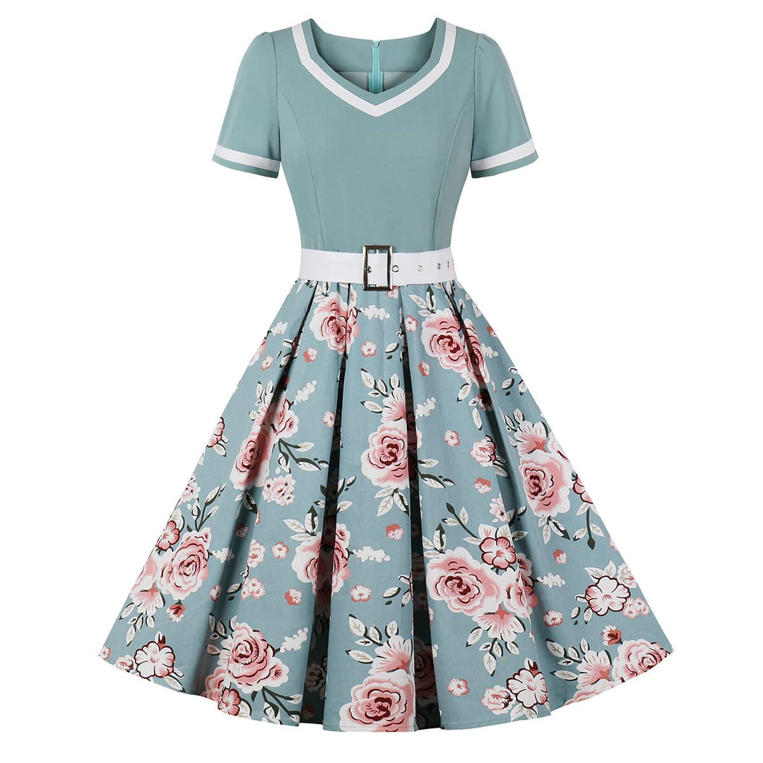 Odizli Rockabilly Kleider Damen 50er Jahre Vintage Kurzarm V-Ausschnitt Polka Dot Swing Coctailkleid