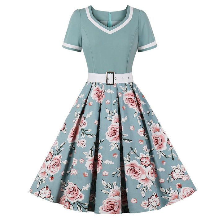 Odizli Rockabilly Kleider Damen 50er Jahre Vintage Kurzarm V-Ausschnitt Polka Dot Swing Coctailkleid