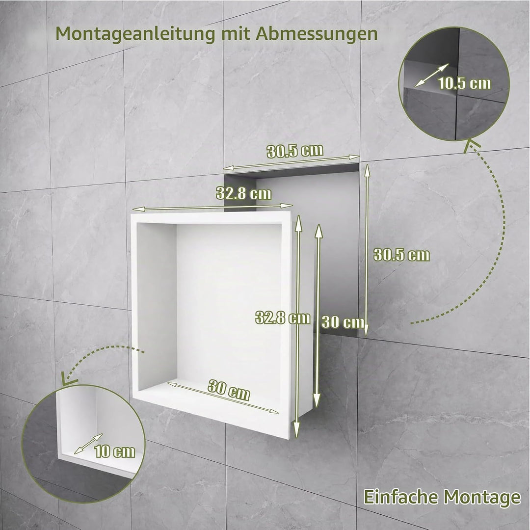 Badezimmer-Wandnischenschrank Weiss 30x30x10 cm, wandmontiertes Waschbecken für Dusche Edelstahl-Auf