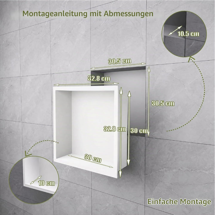 Badezimmer-Wandnischenschrank Weiss 30x30x10 cm, wandmontiertes Waschbecken für Dusche Edelstahl-Auf
