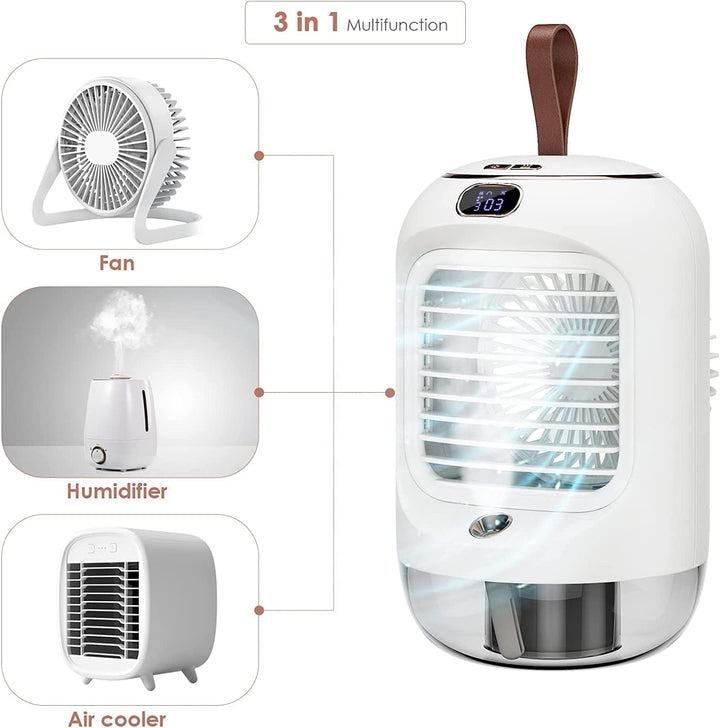 Drehbar Mobile Klimageräte, Multifunktional USB Mini Air Cooler mit 3 Geschwindigkeiten, Nachtlicht,