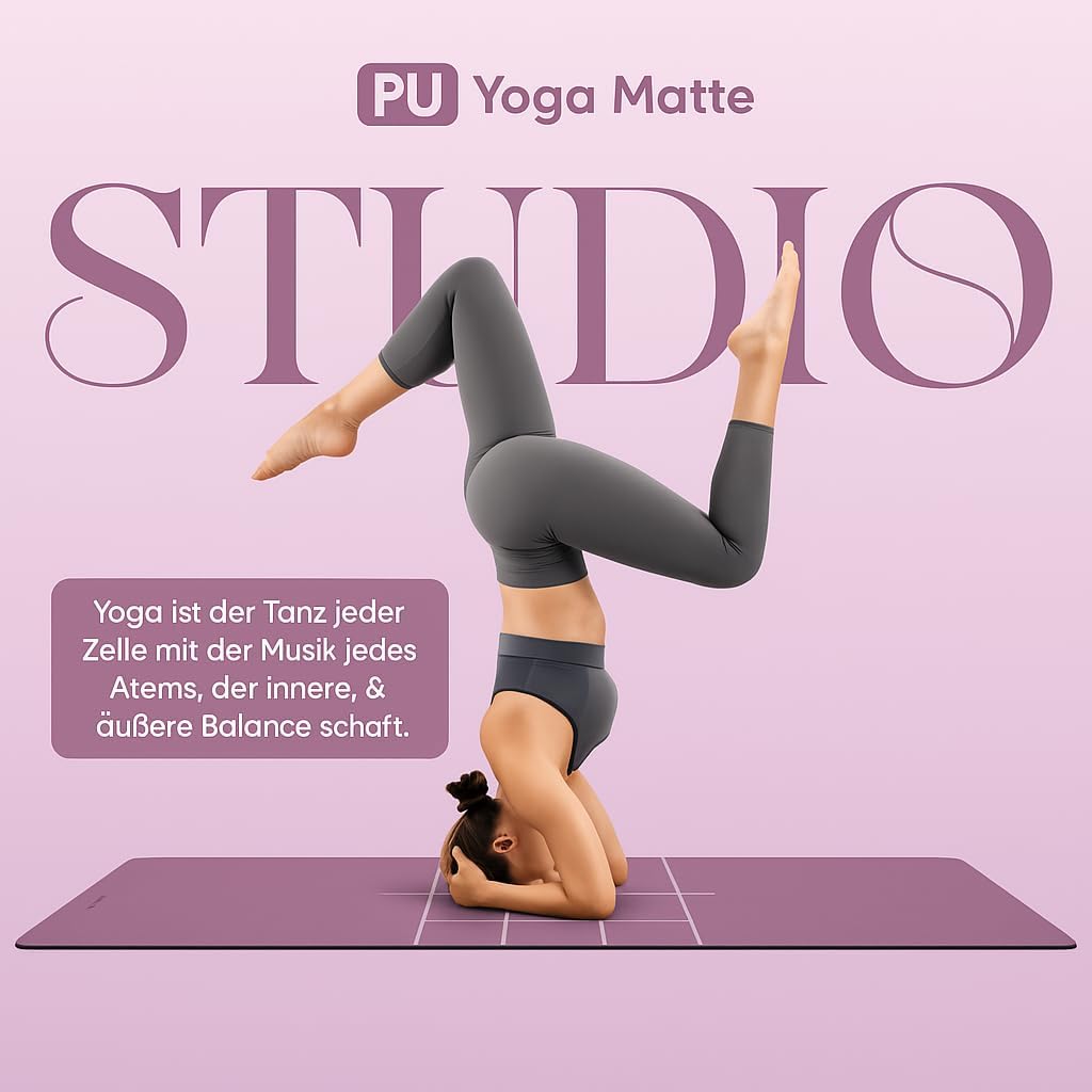 Premium Yoga-Matte STUDIO 185 x 68 x 0,4cm (extra gross) inkl. Gurt aus ECO PU & Naturkautschuk - An