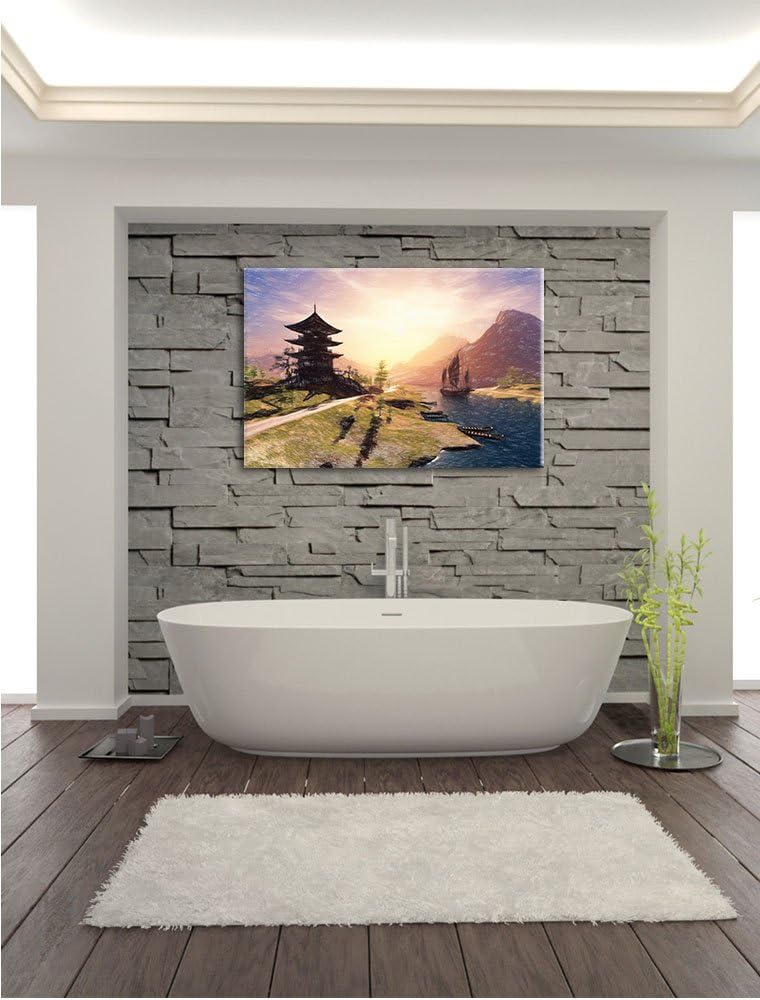 Pixxprint asiatischer Tempel an Fluss als Leinwandbild/Grösse: 100x70 / Wandbild/Kunstdruck/fertig b